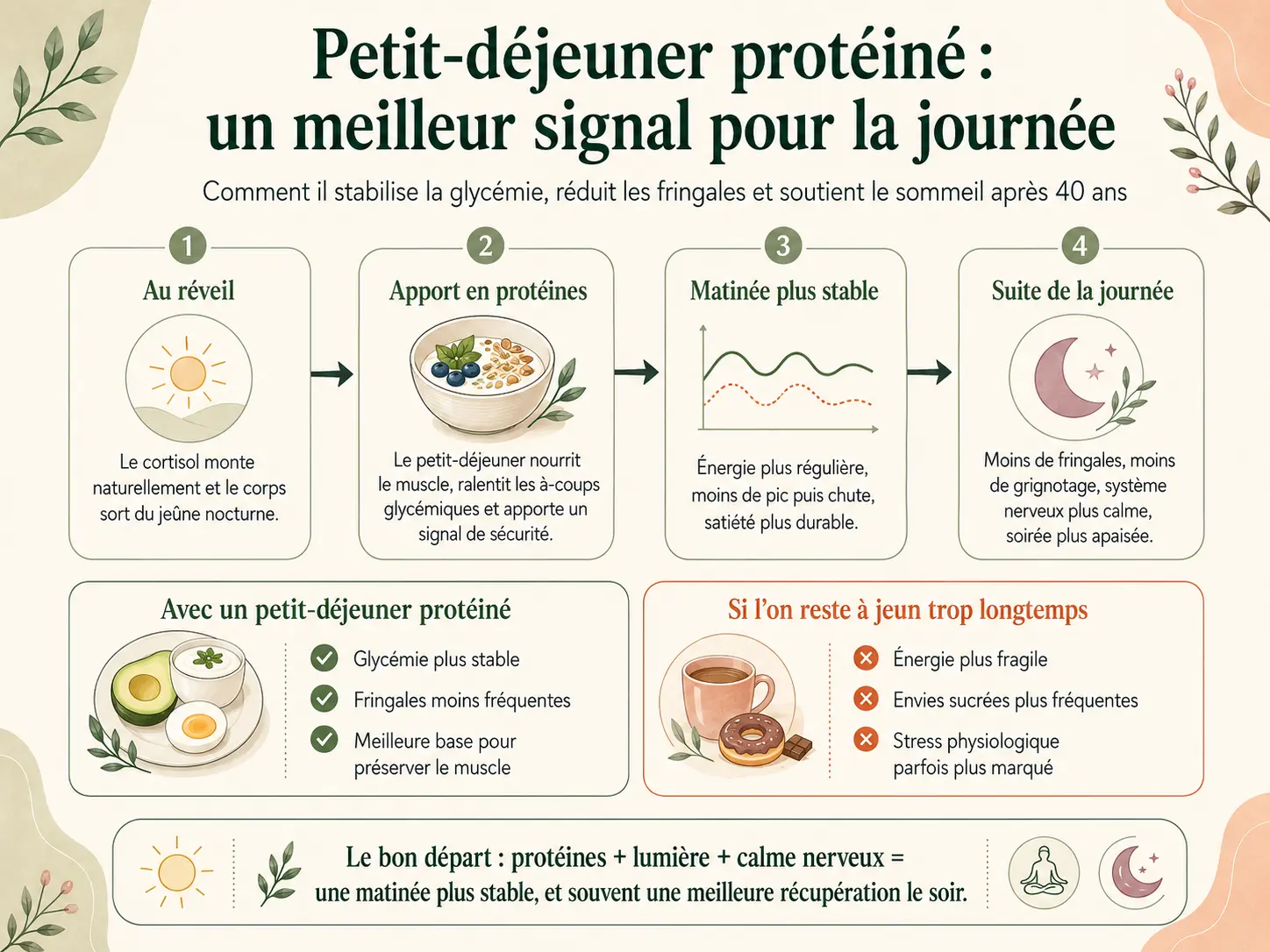 Schéma Holix montrant comment un petit-déjeuner protéiné stabilise la glycémie, réduit les fringales et soutient le sommeil chez les femmes en périménopause, ménopause ou post-ménopause.