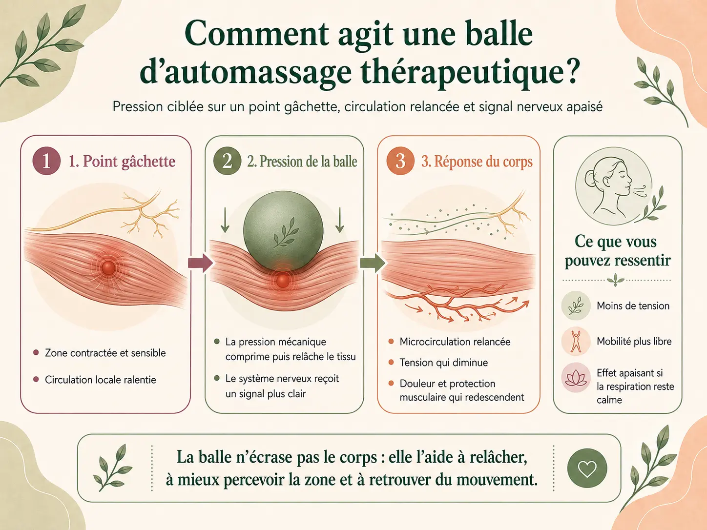 Schéma Holix montrant un point gâchette dans un muscle et l'effet de la pression d'une balle d'automassage thérapeutique sur la circulation sanguine et le signal nerveux.
