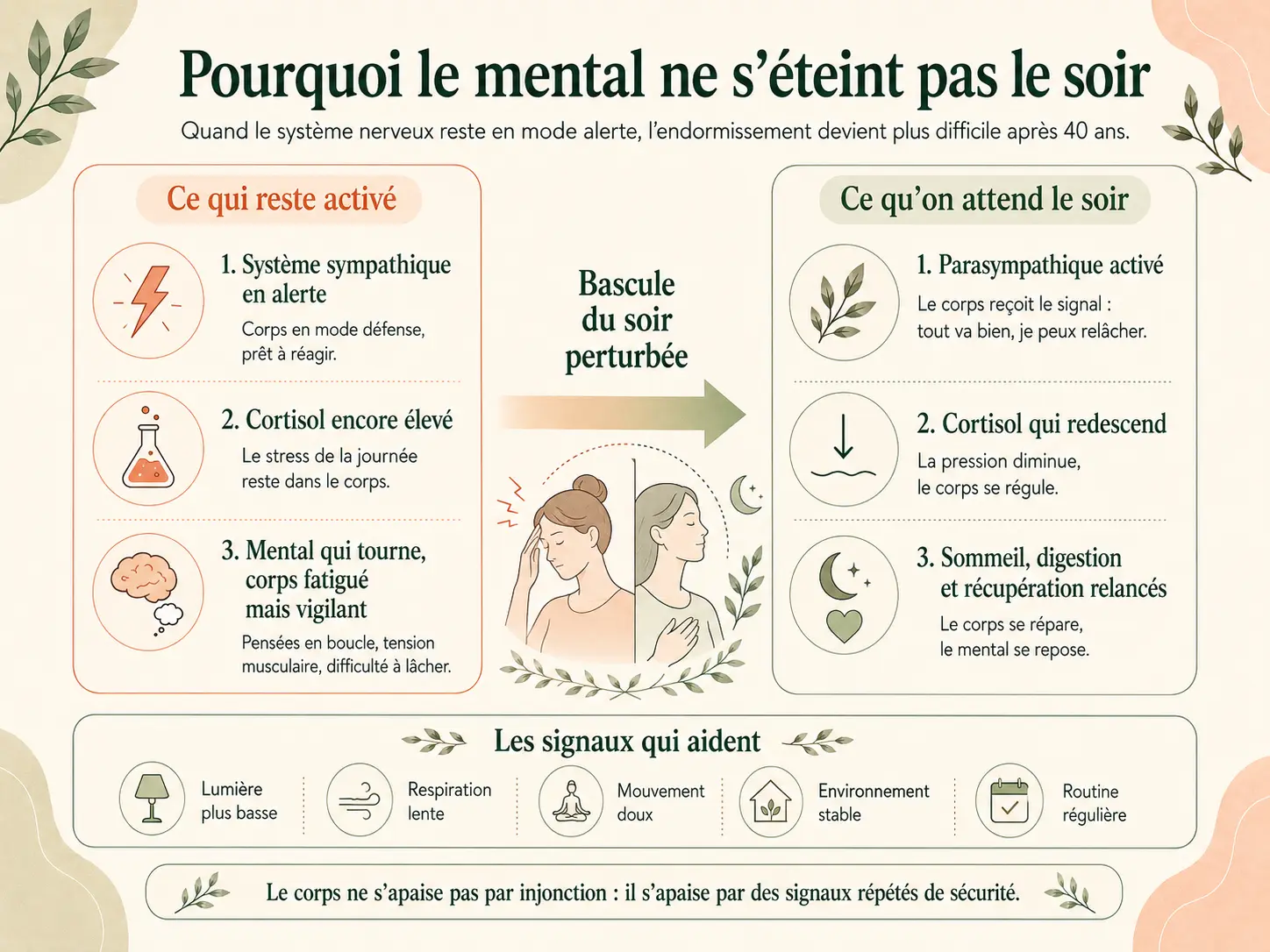 Schéma Holix expliquant pourquoi le mental ne s'éteint pas le soir : système nerveux sympathique en alerte, cortisol élevé et bascule attendue vers le parasympathique.