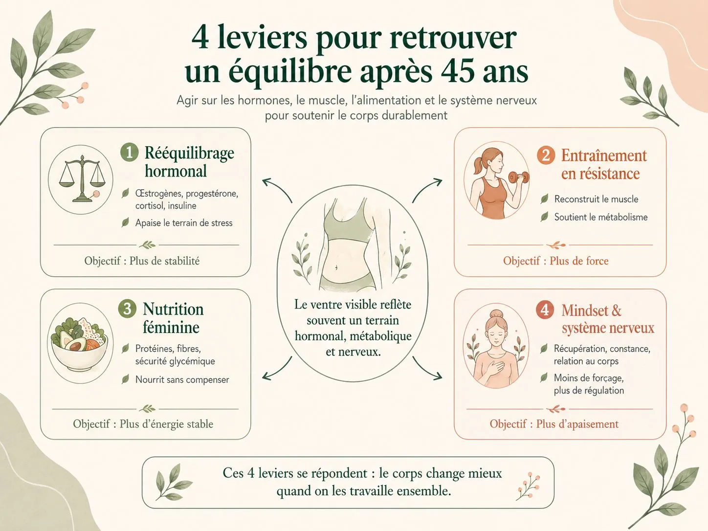 Schéma Holix des quatre leviers contre le ventre après 45 ans : rééquilibrage hormonal, entraînement en résistance, nutrition féminine et mindset.