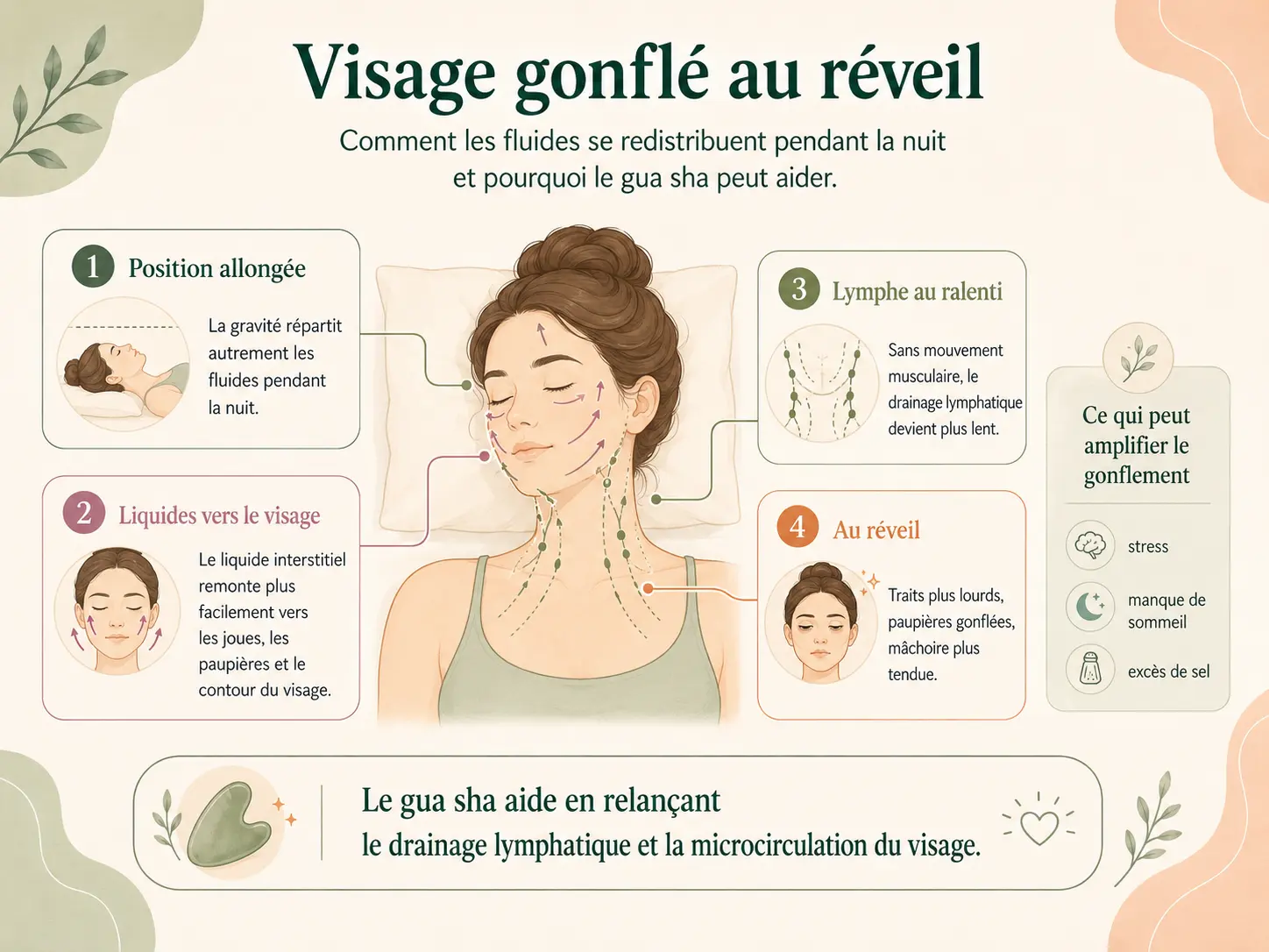 Schéma Holix montrant comment le liquide interstitiel se redistribue vers le visage en position allongée pendant la nuit et pourquoi la lymphe stagne faute de mouvement musculaire.