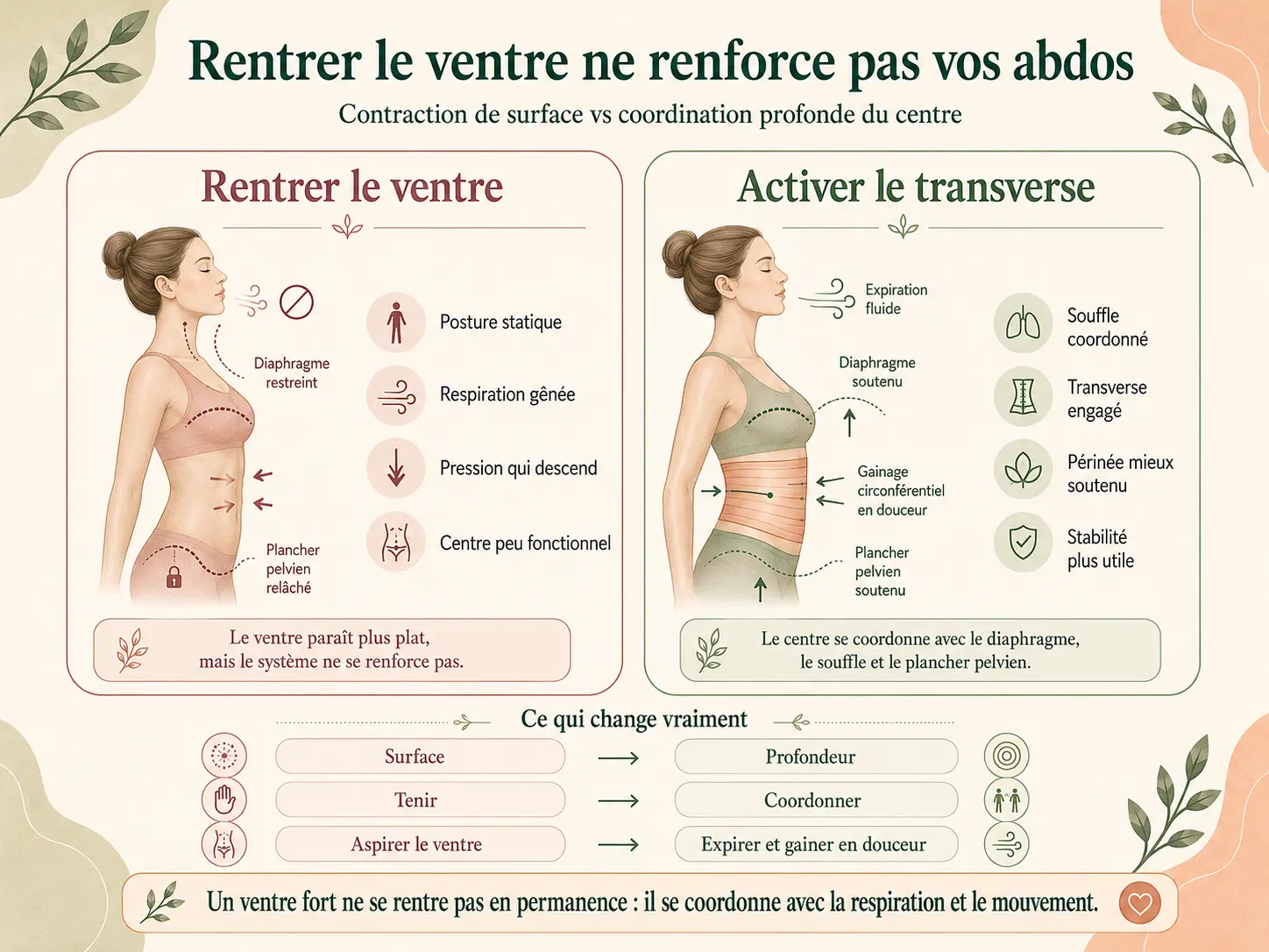 Schéma Holix comparant le réflexe de rentrer le ventre (contraction de surface) et l'activation profonde du transverse de l'abdomen.