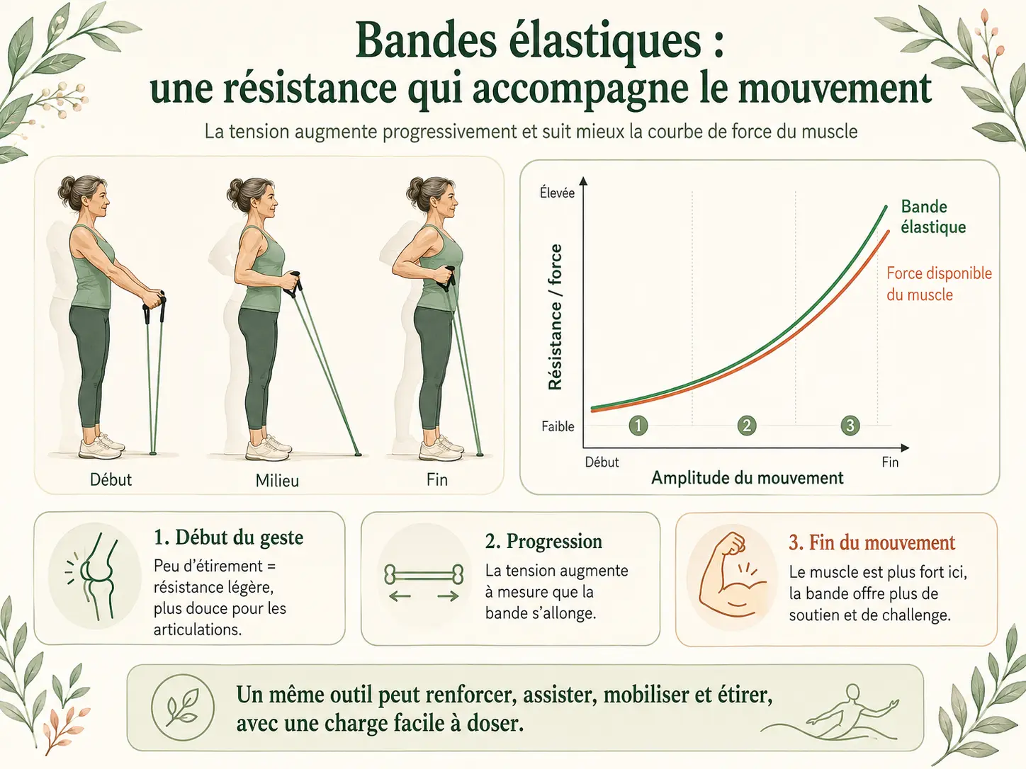 Schéma Holix montrant la résistance croissante d'une bande élastique qui épouse la courbe de force du muscle au fil du mouvement.