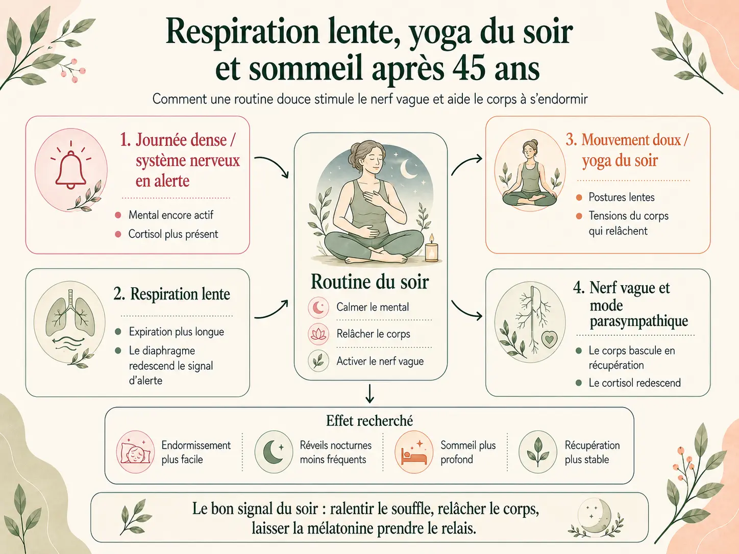 Schéma Holix d'une routine du soir, respiration lente et postures douces, qui stimule le nerf vague et favorise l'endormissement après 45 ans.