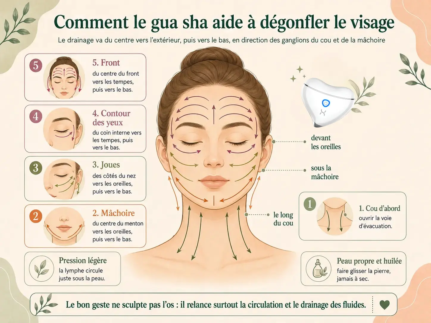 Schéma Holix des trajets de gua sha sur le visage, du centre vers l'extérieur et vers les ganglions lymphatiques du cou et de la mâchoire.