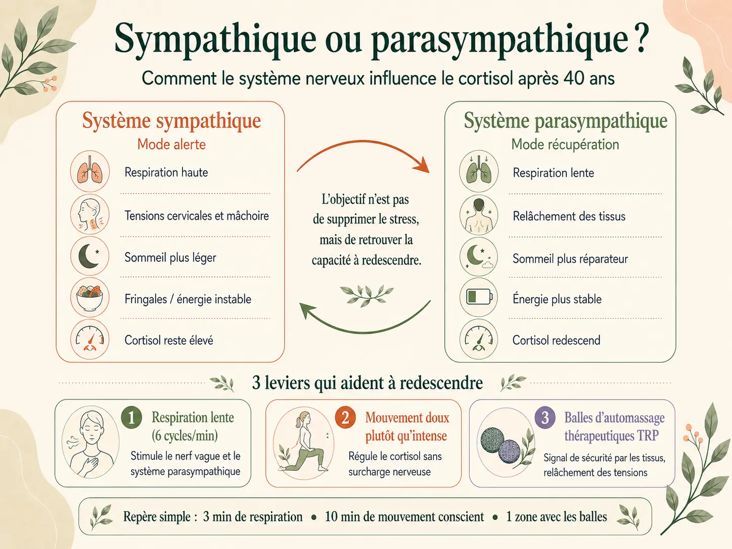 Schéma Holix du basculement entre système nerveux sympathique et parasympathique et de son effet sur le cortisol après 40 ans.