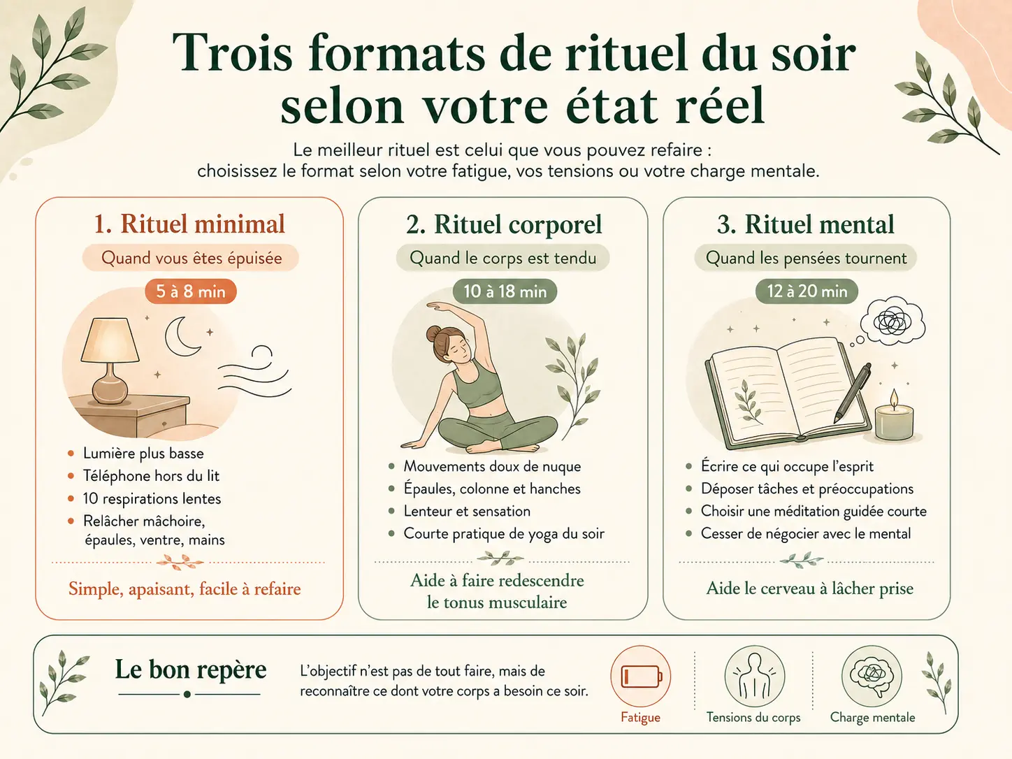 Schéma Holix des trois formats de rituel du soir selon l'état : minimal quand on est épuisée, corporel quand le corps est tendu, mental quand les pensées tournent.