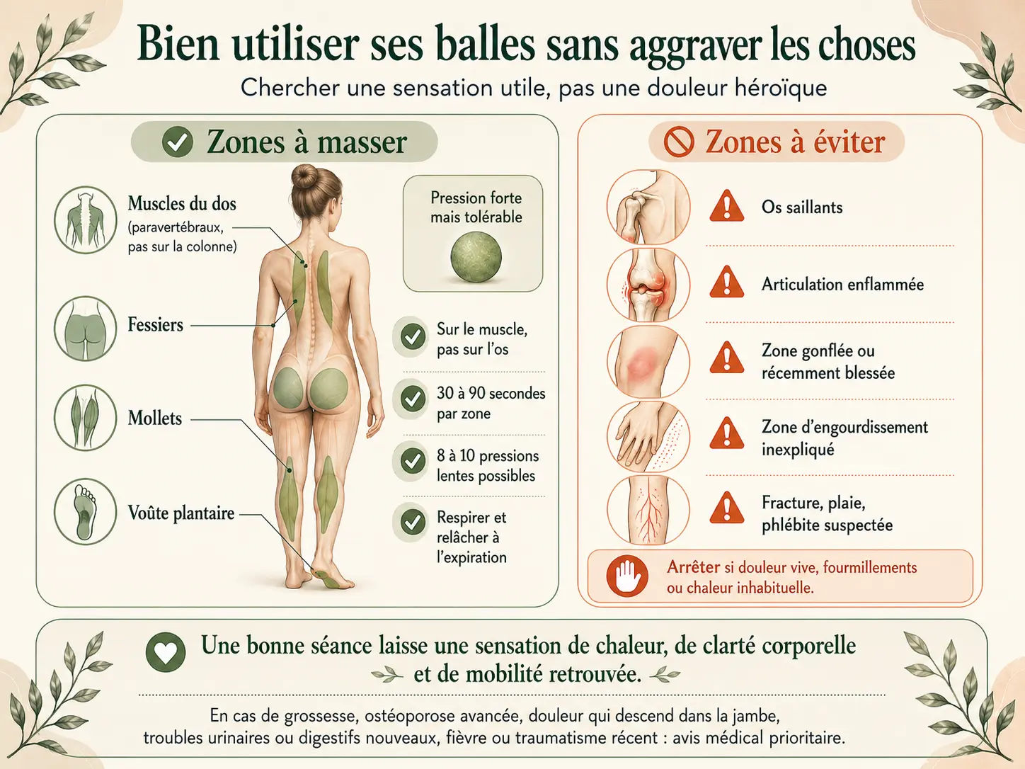 Schéma Holix des zones à masser avec une balle d'automassage (muscles du dos, fessiers, mollets, voûte plantaire) et des zones à éviter (os saillants, articulation enflammée).