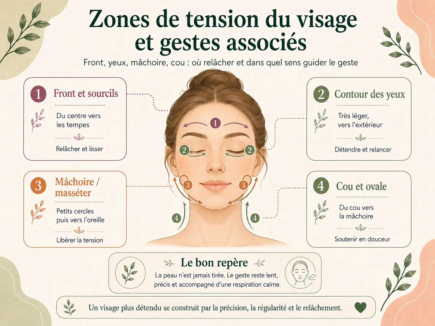 Schéma Holix des zones de tension du visage (front, contour des yeux, mâchoire, cou) et du sens des gestes de yoga du visage associés.