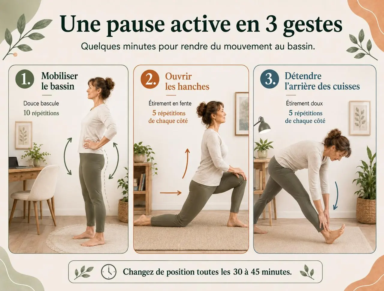 Schéma Holix des trois gestes anti mal de dos au bureau : bascule du bassin, fente pour le psoas, étirement des ischio-jambiers.