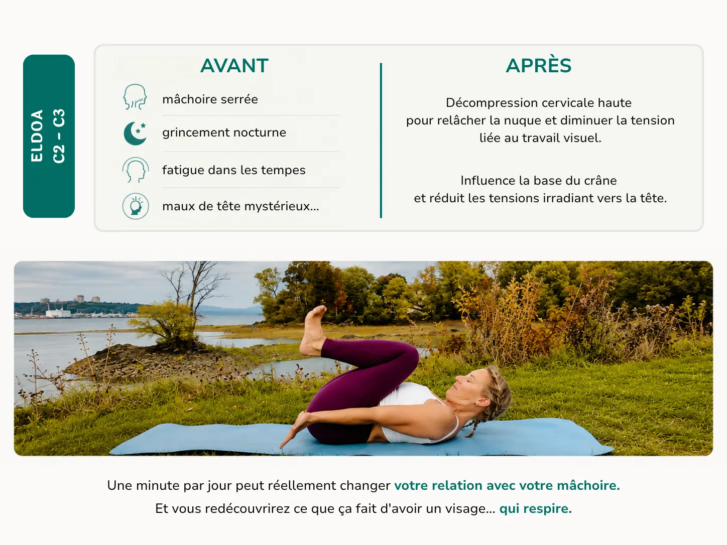 Illustration ELDOA C2-C3 montrant un exercice de décompression cervicale pour soulager les tensions de la mâchoire, de la nuque et des cervicales.