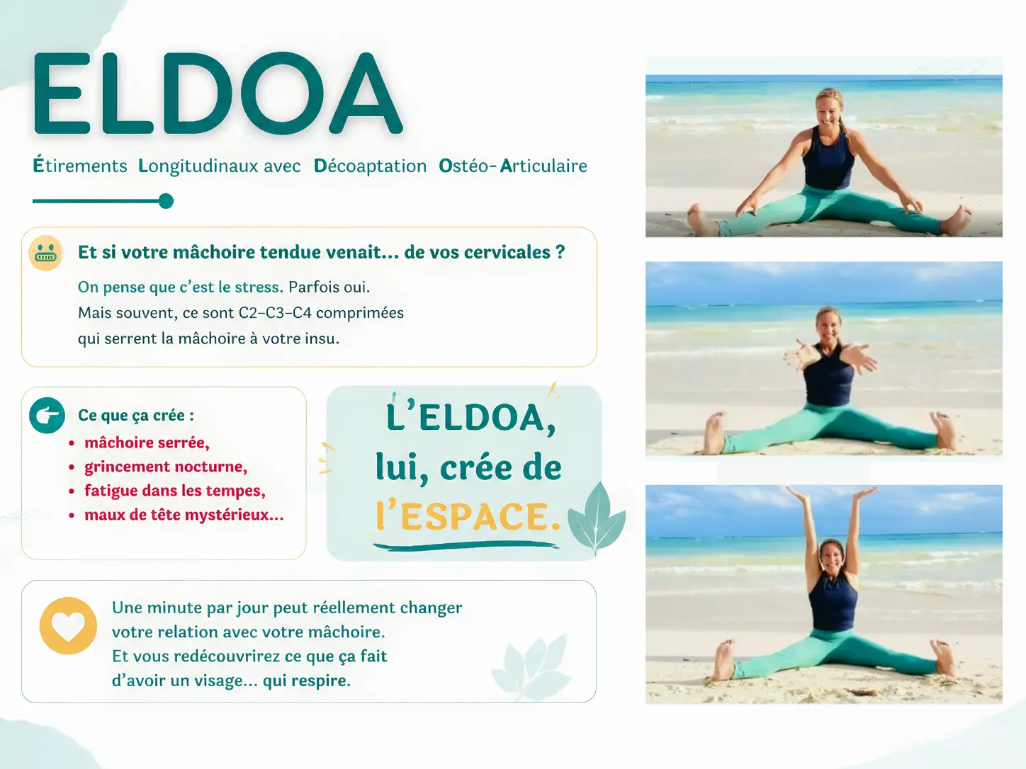 Infographie ELDOA montrant des exercices d'étirement des cervicales pour soulager une mâchoire tendue liée aux vertèbres C2, C3 et C4.