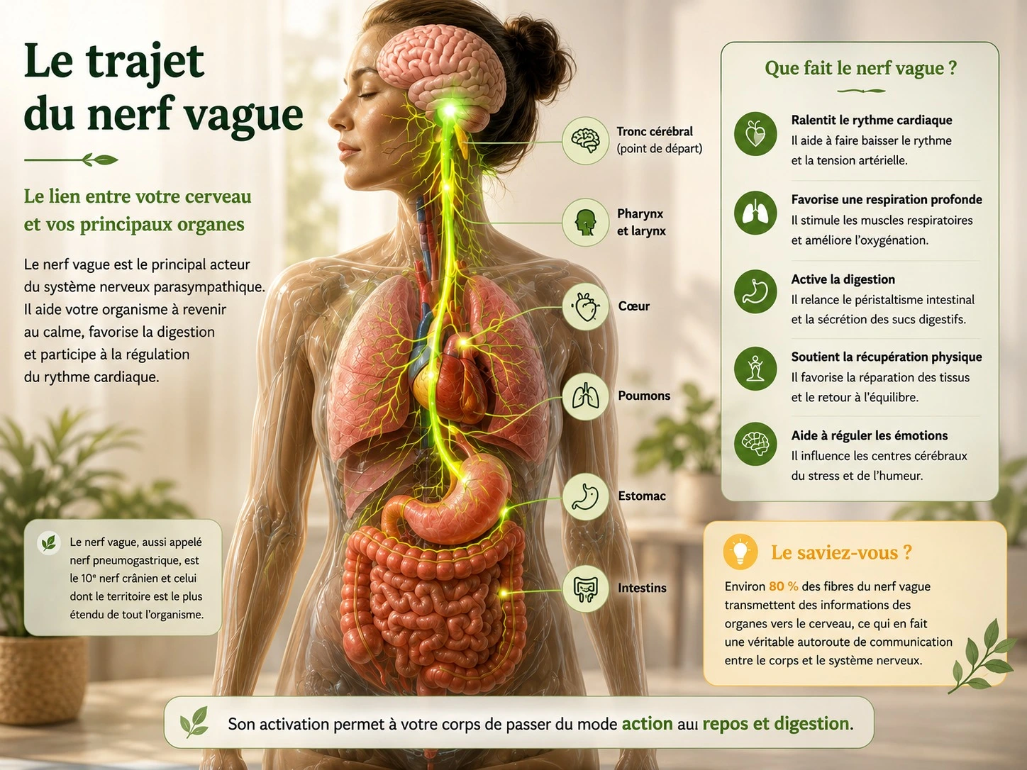 Infographie du trajet du nerf vague entre le cerveau, le cœur, les poumons, l'estomac et les intestins.