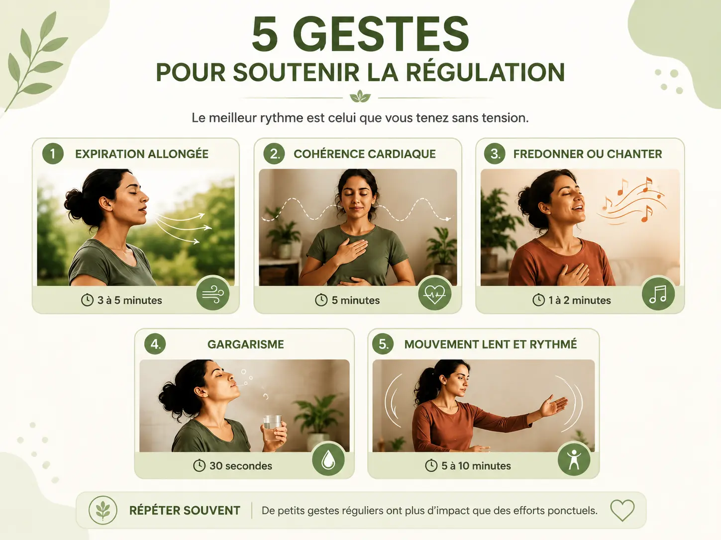 Schéma Holix des cinq techniques de stimulation du nerf vague : expiration allongée, cohérence cardiaque, fredonnement, gargarisme, froid sur le visage.