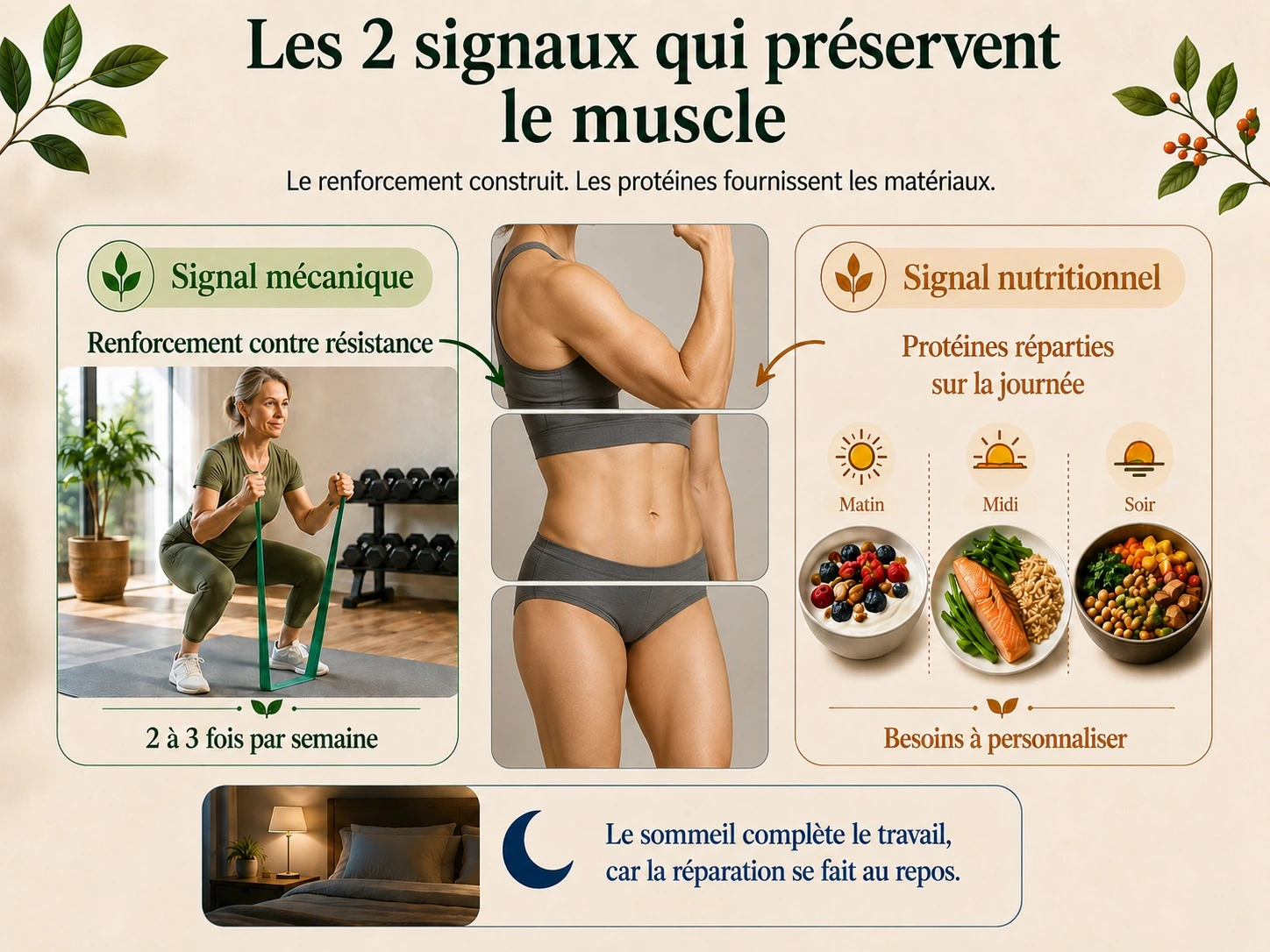 Schéma Holix des deux signaux qui préservent le muscle après 40 ans : renforcement contre résistance et apports protéiques répartis sur la journée.