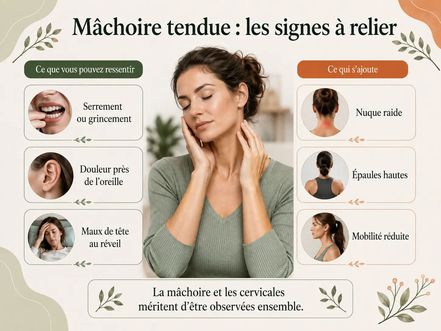 Infographie présentant les principaux signes d'une mâchoire tendue en lien avec les tensions du cou et des cervicales.