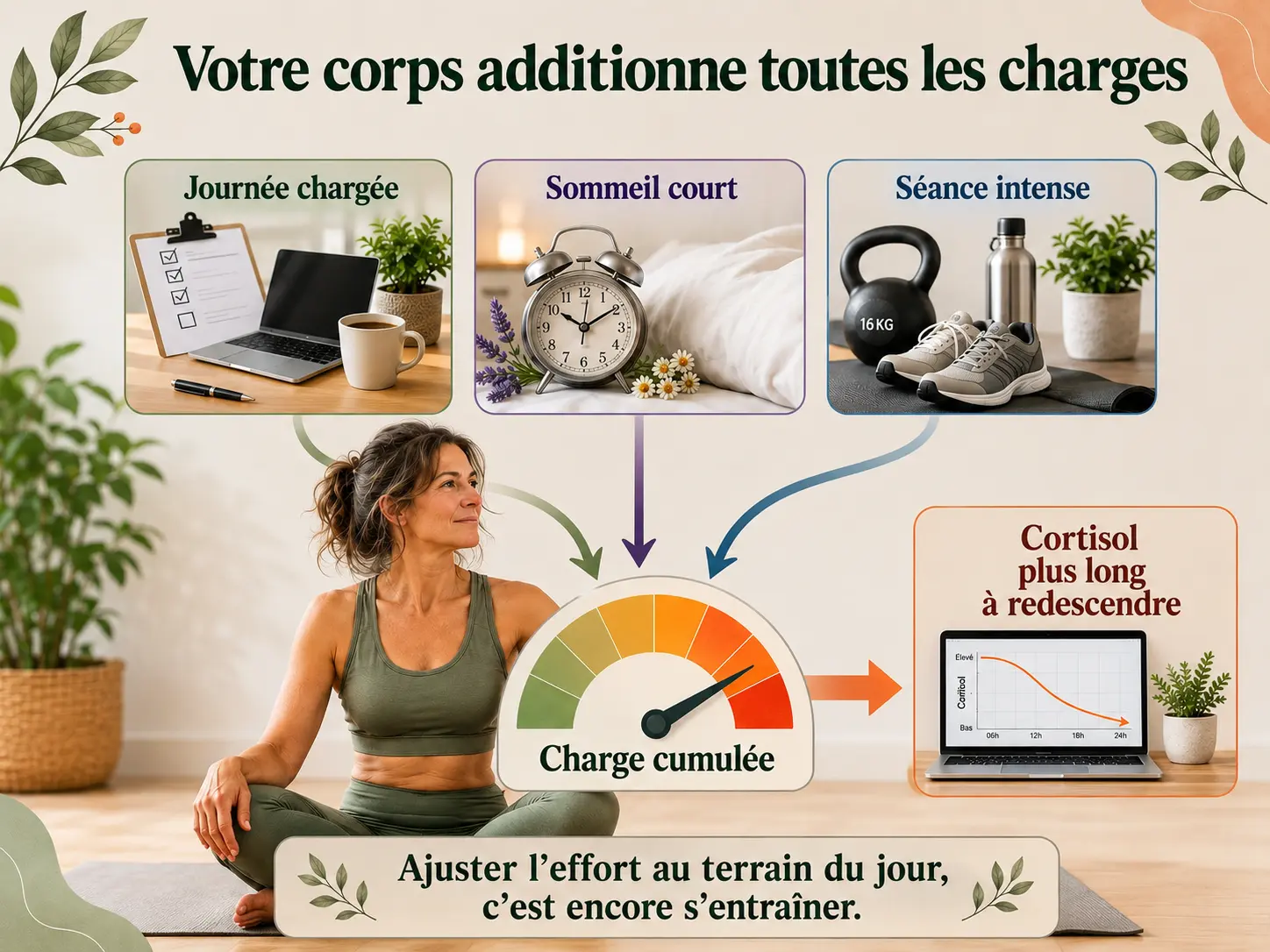 Schéma Holix montrant l'addition des stress (vie, sommeil, entraînement intense) sur le niveau de cortisol après 40 ans.