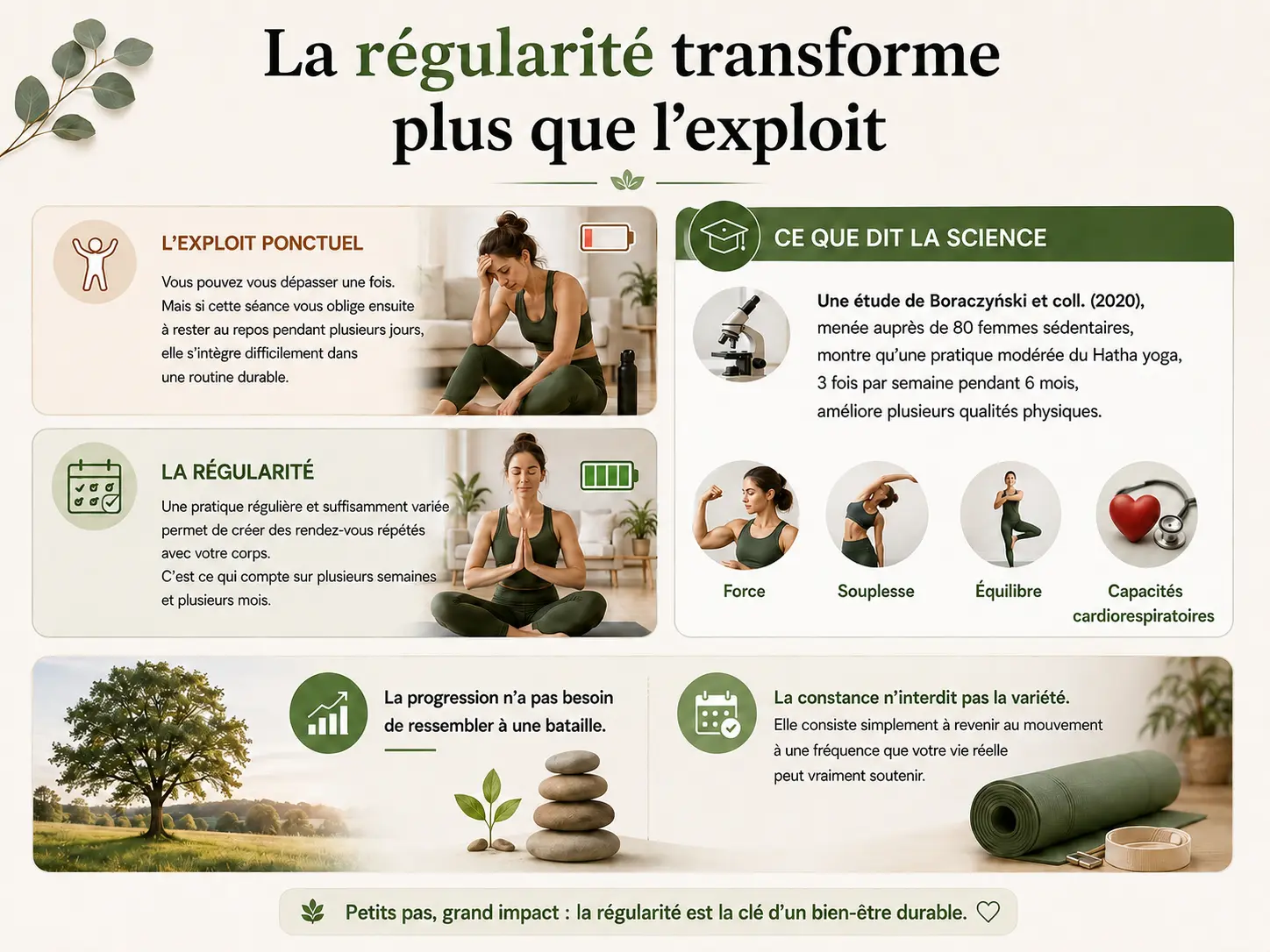 Infographie santé montrant les bienfaits d'une pratique régulière du yoga après 40 ans, avec des photos réalistes illustrant la progression, l'équilibre, la souplesse, la force et le bien-être durable.