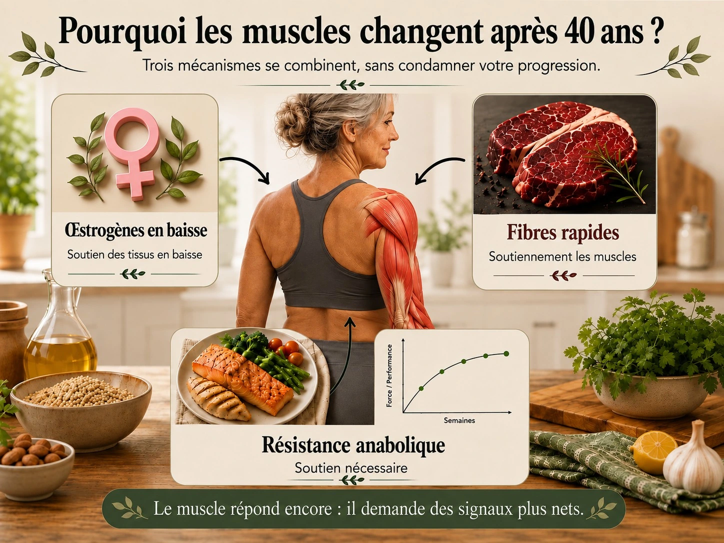Schéma Holix illustrant la perte progressive de masse musculaire d'environ 0,5 à 1 % par an à partir de 35 à 40 ans, avec accélération à la ménopause.