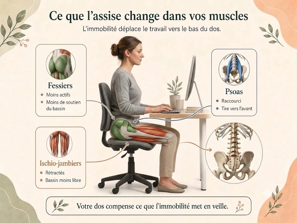 Schéma corporel Holix des muscles affectés par la position assise prolongée : fessiers inhibés, psoas raccourci, ischio-jambiers rétractés. Emplacement : après ce tableau, comme repère visuel.