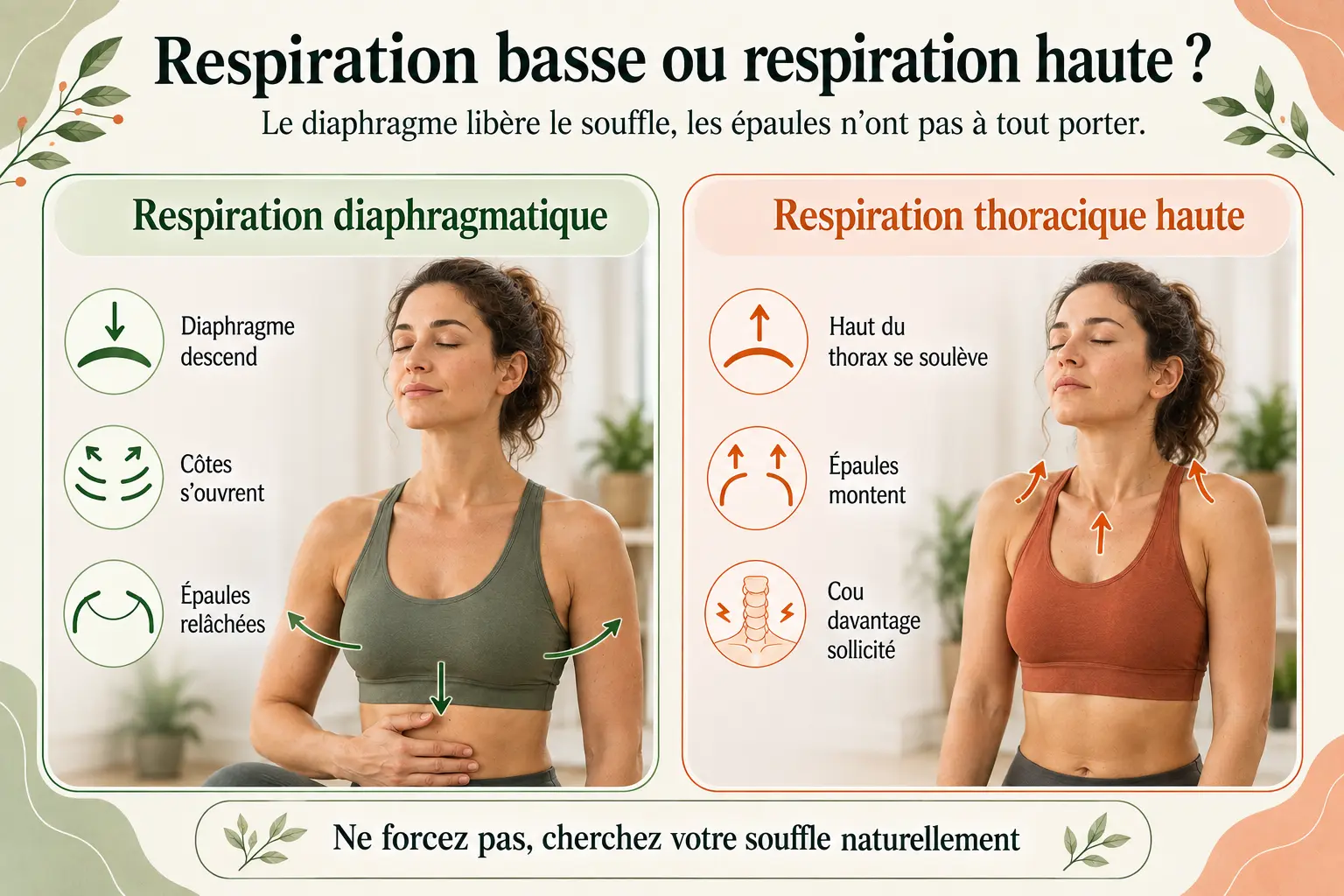 Schéma Holix comparant une respiration diaphragmatique, avec le diaphragme qui descend, et une respiration thoracique haute qui monte les épaules. Emplacement : après ce H2, avant la section sur le diaphragme.