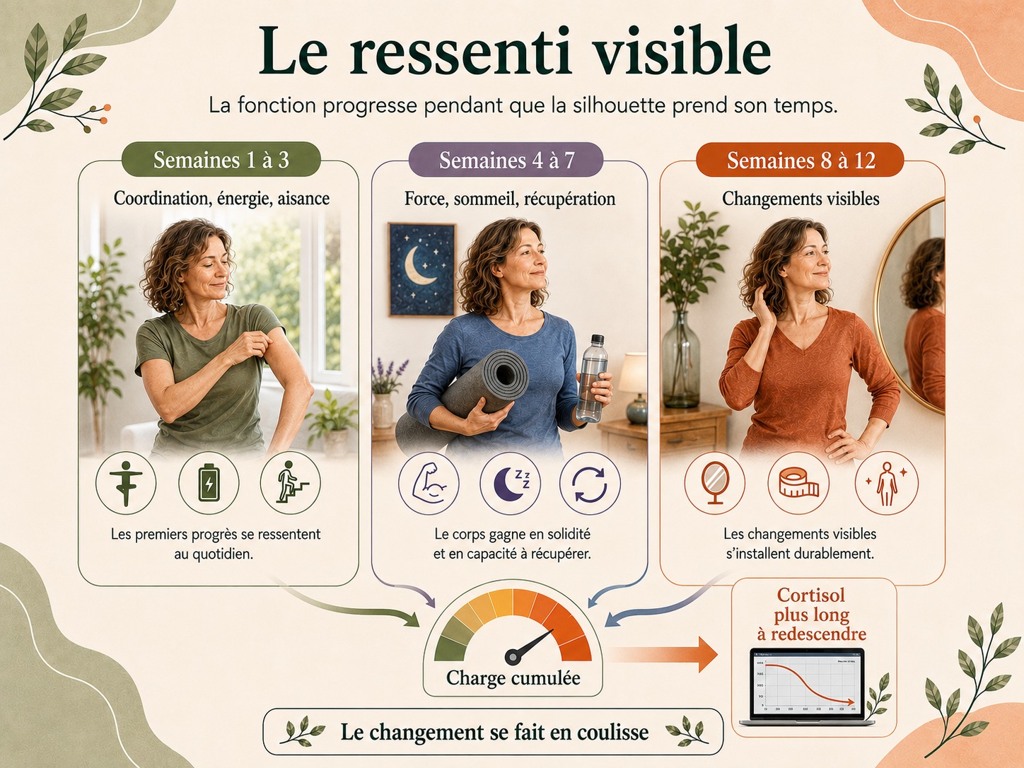 Schéma Holix montrant deux courbes sur douze semaines : les résultats ressentis qui montent tôt et les résultats visibles qui arrivent plus tard.