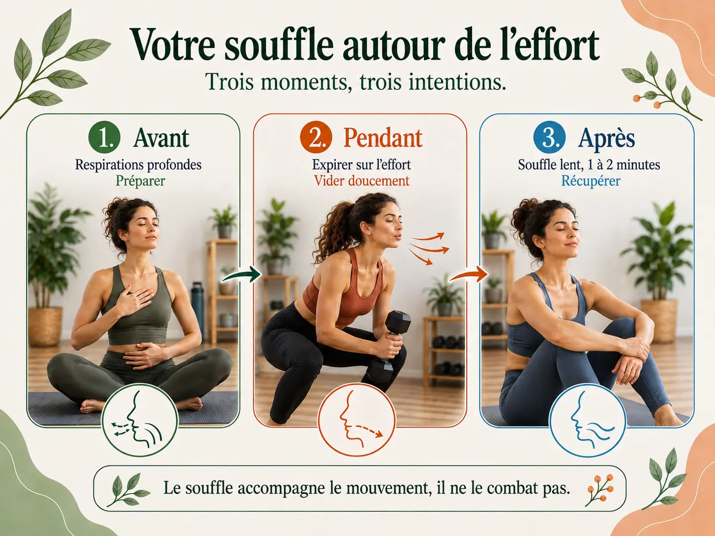 Schéma Holix des trois moments du souffle à l'entraînement : respiration diaphragmatique avant, expiration sur l'effort pendant, respiration lente après. Emplacement : après ce H2, avant la conclusion.