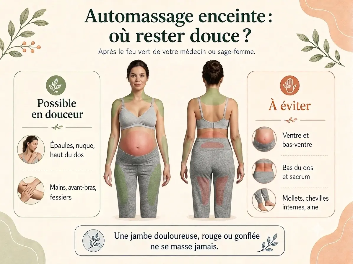 Schéma corporel Holix des zones à éviter et des zones possibles en douceur pour l'automassage à la balle pendant la grossesse.