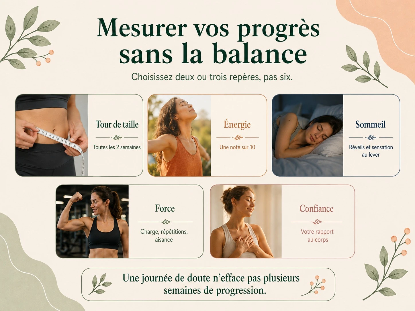 Tableau de bord Holix des indicateurs de progrès mesurables : tour de taille, énergie, sommeil, force, fréquence cardiaque de repos, vêtements.