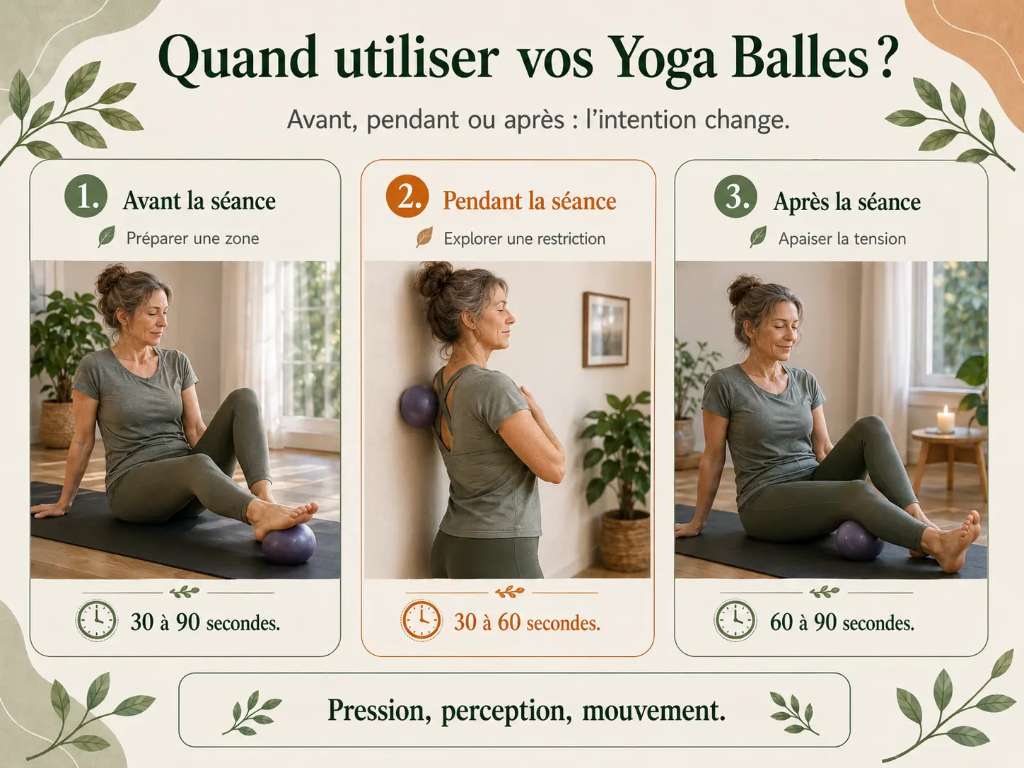 Schéma Holix des trois moments pour intégrer les balles d'automassage à l'entraînement : avant, pendant et après la séance. Emplacement : après ce H2, avant la section sur l'avant-séance.