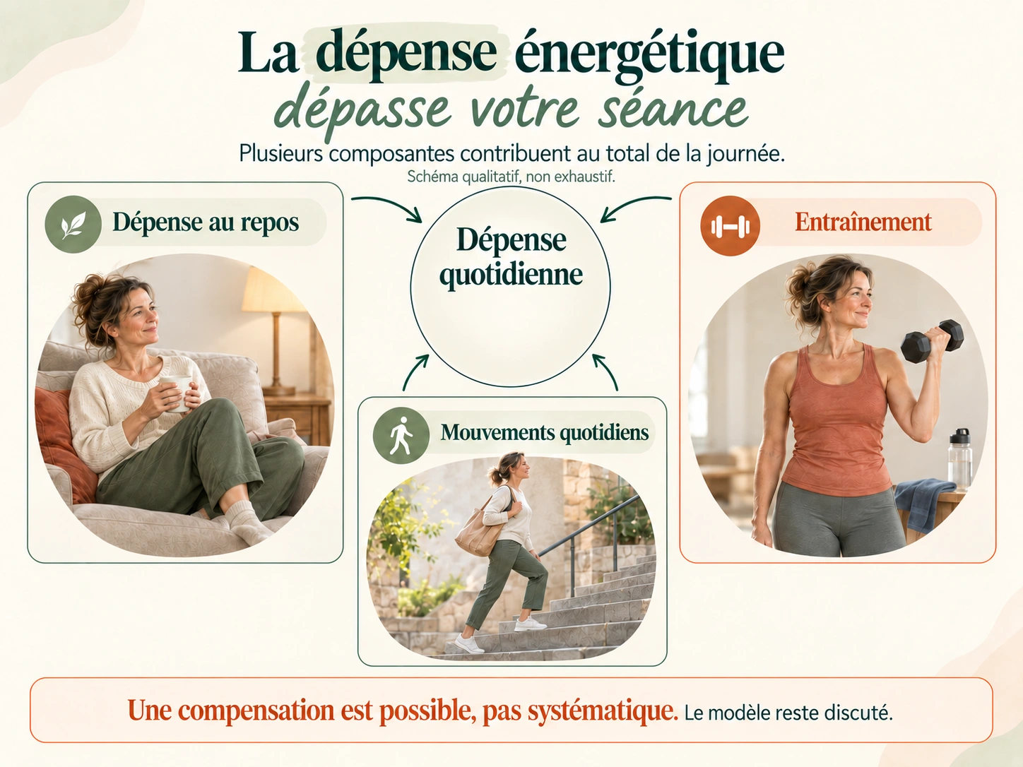 Graphique Holix des différentes composantes de la dépense énergétique, avec les limites du modèle de compensation.
