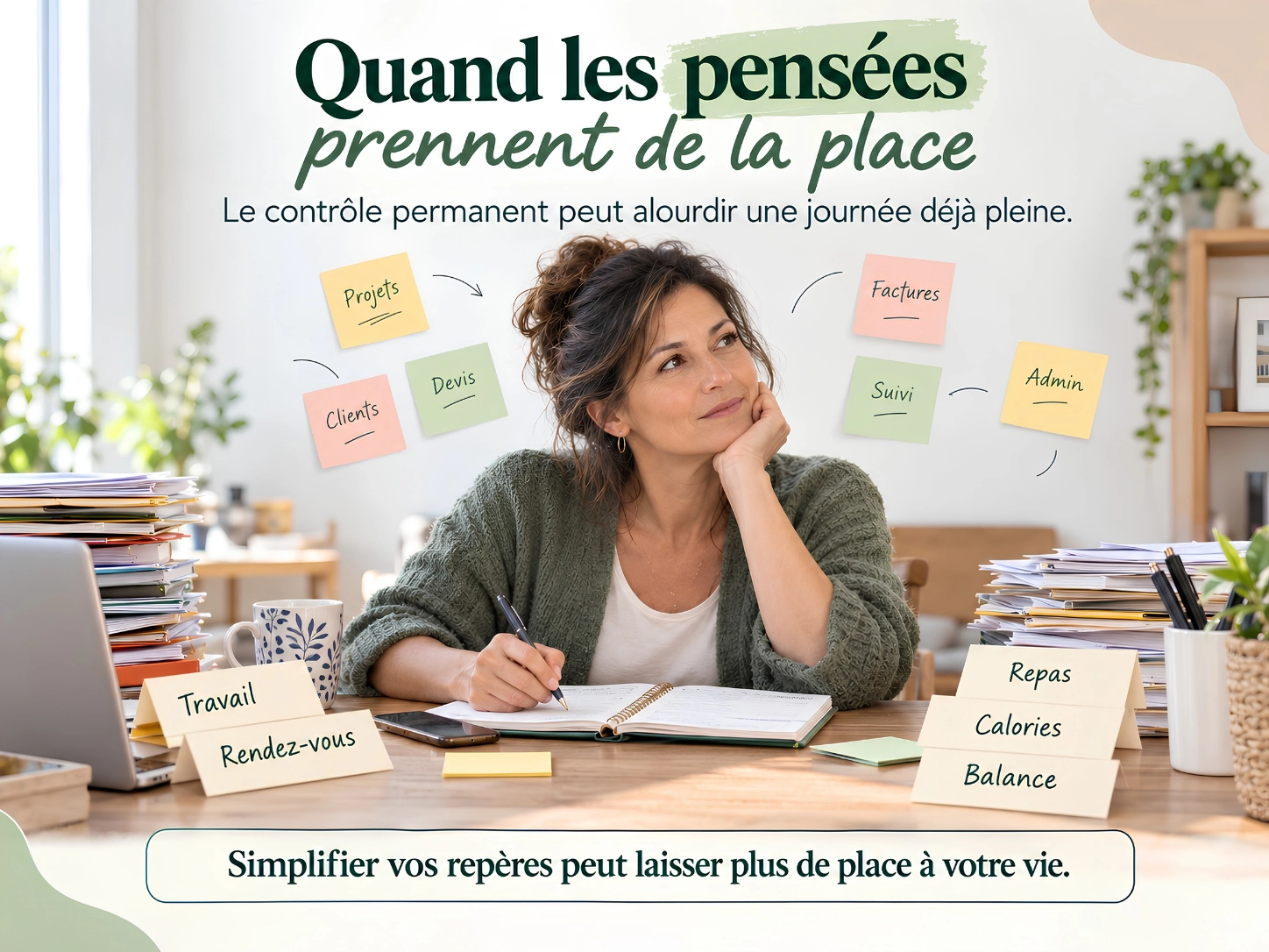 Illustration de la fatigue mentale liée à la perte de poids et de la charge sur la mémoire de travail d'une femme de 45 ans.