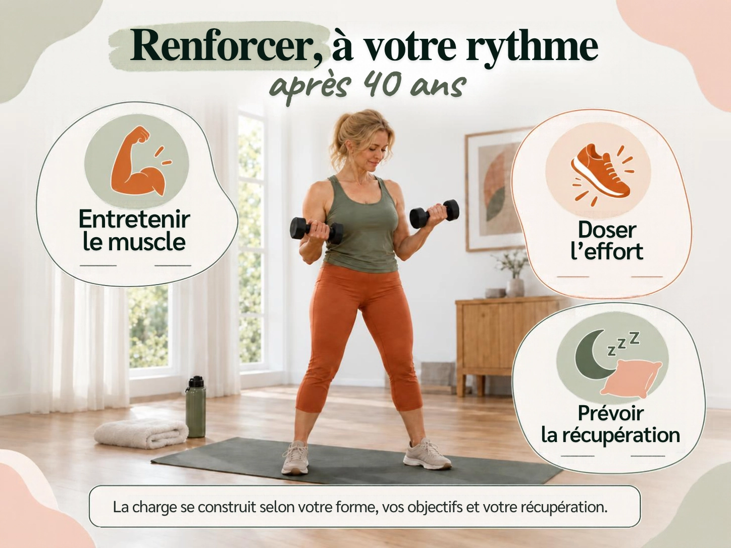 Femme de 45 ans en séance de renforcement musculaire avec haltères légers pour la perte de gras après 40 ans