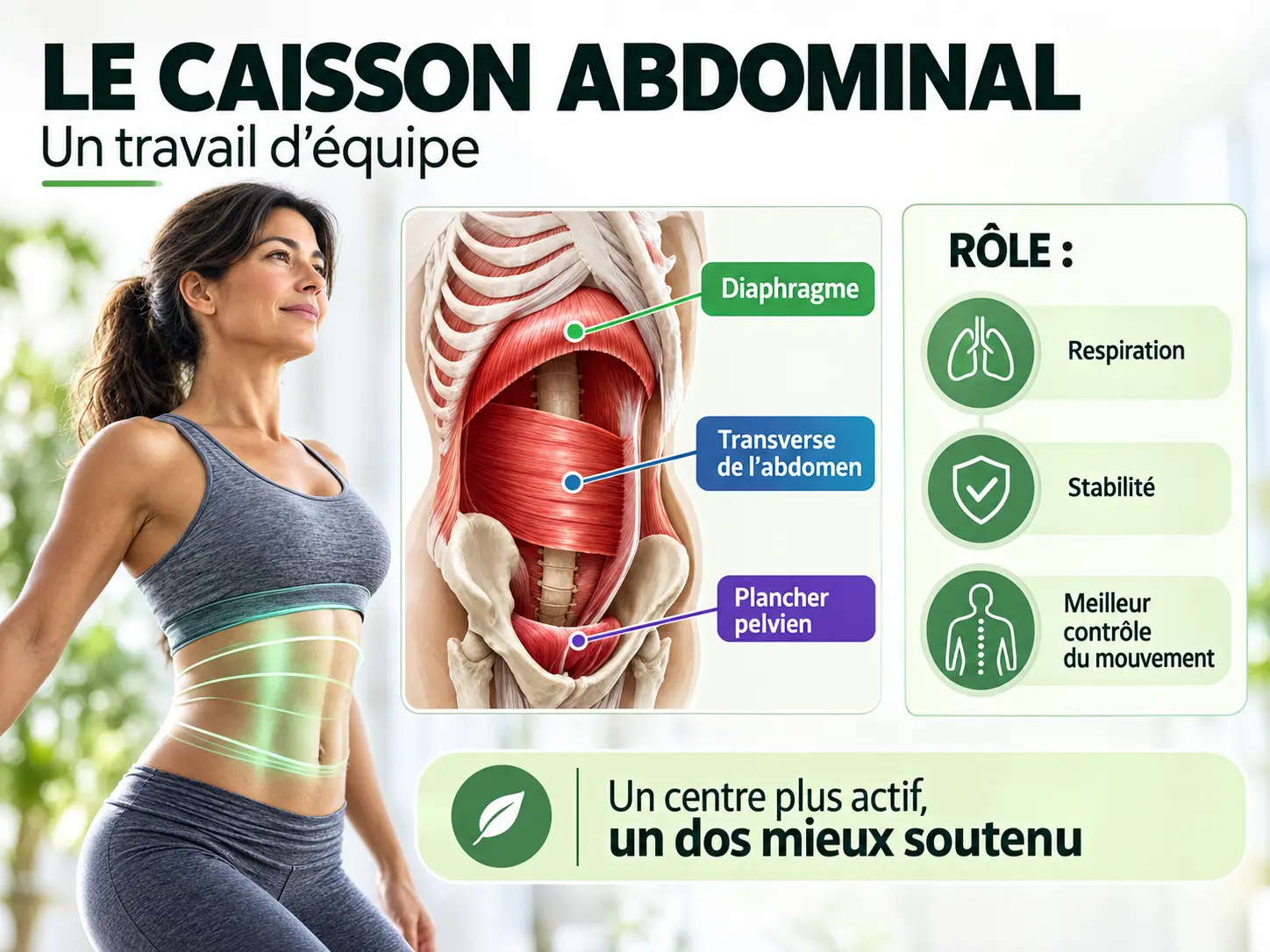 Schéma Holix du caisson abdominal formé par le diaphragme, le transverse de l'abdomen et le plancher pelvien, et son rôle dans la stabilité du dos.