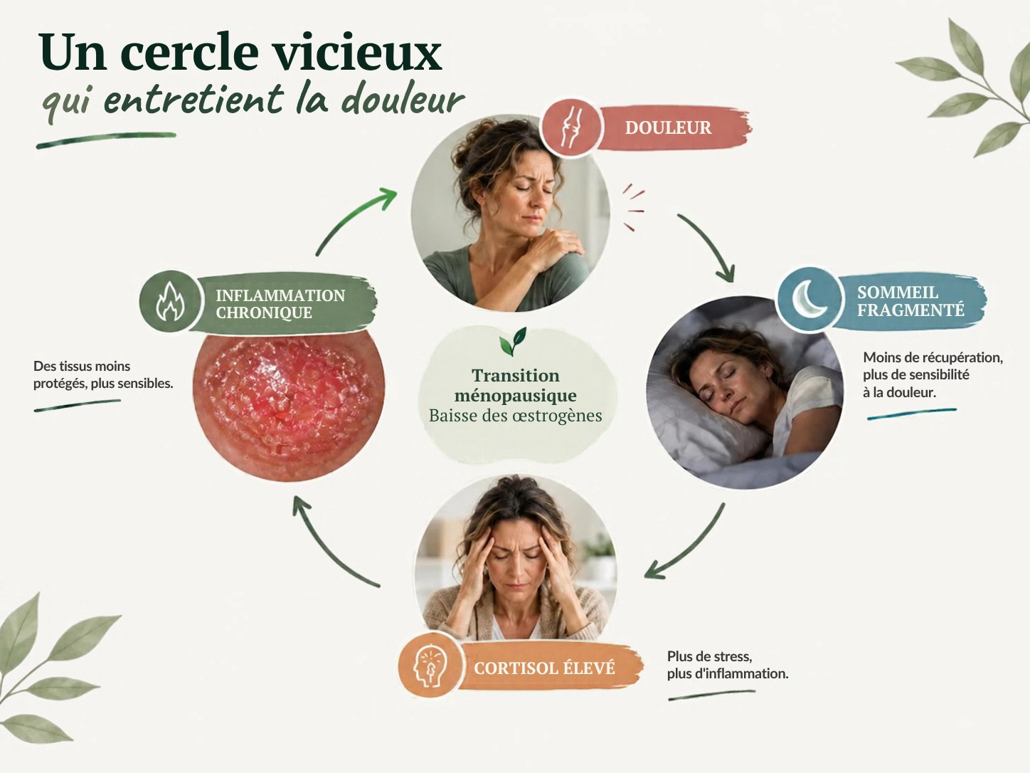 Schéma Holix des interactions possibles entre douleur, sommeil fragmenté, stress et inflammation pendant la transition ménopausique.