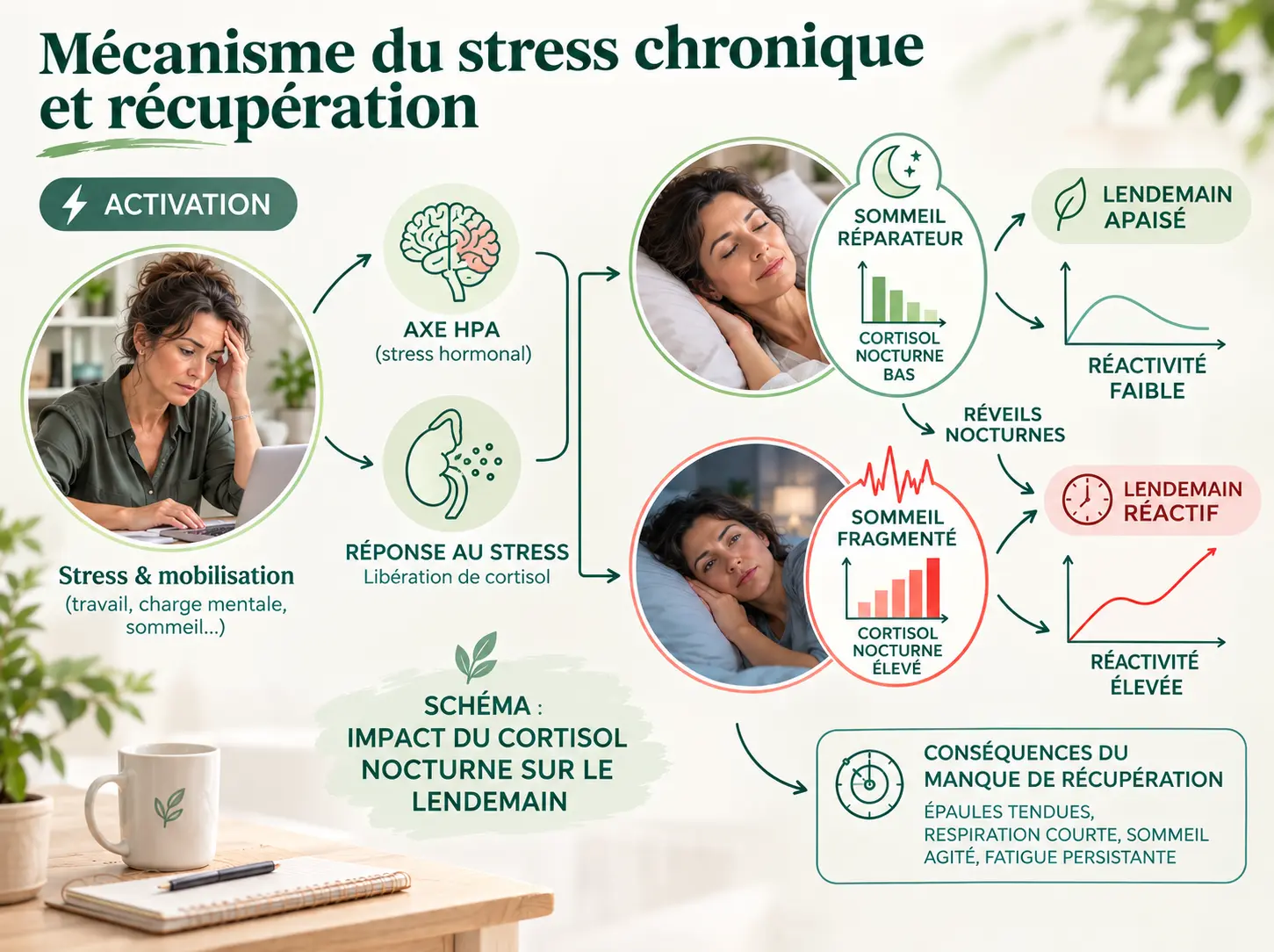Schéma Holix montrant comment un cortisol élevé le soir fragmente le sommeil et augmente la réactivité au stress le lendemain. Emplacement : après ce H2, avant la section sur la charge allostatique.
