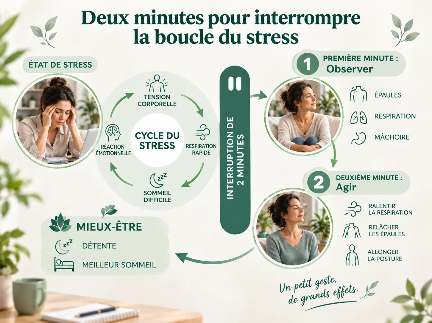 Schéma Holix montrant comment une pratique quotidienne de deux minutes interrompt la boucle entre tension, respiration et sommeil.
