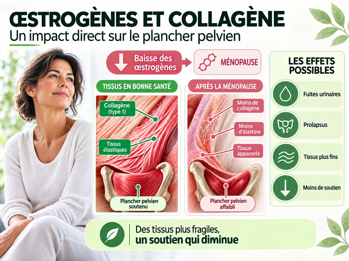 Schéma Holix montrant l'effet de la baisse des œstrogènes sur le collagène et les tissus de soutien du plancher pelvien à la ménopause.