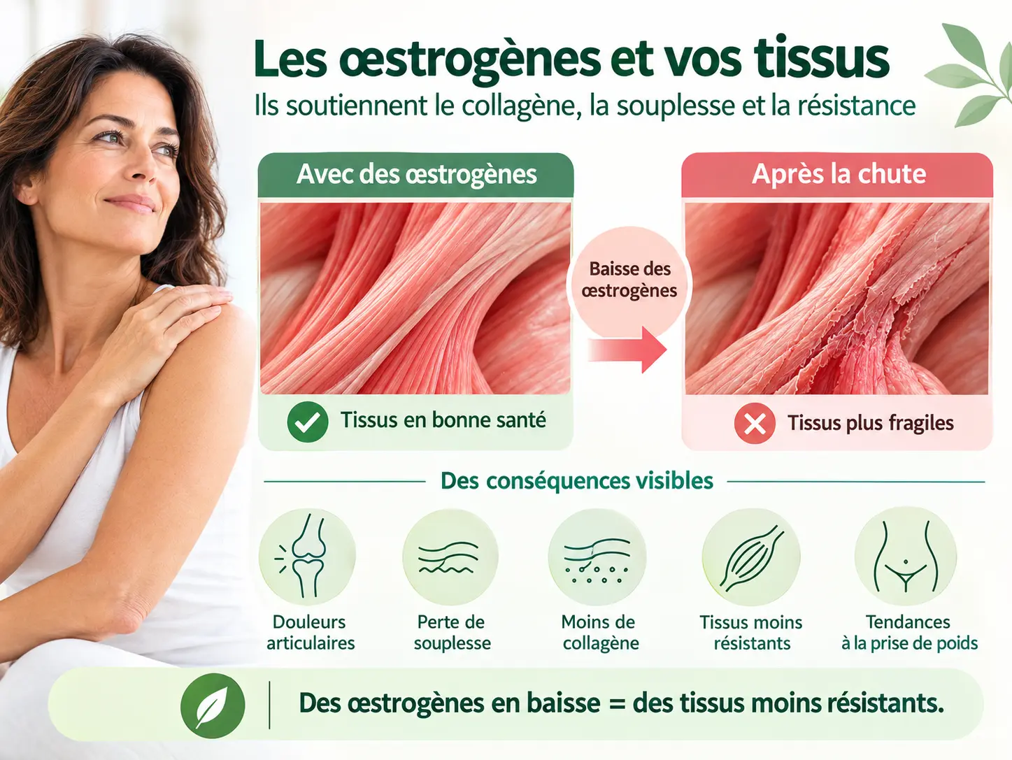 Schéma Holix du rôle modulateur des œstrogènes sur les tissus de soutien, dont les tendons et les ligaments.