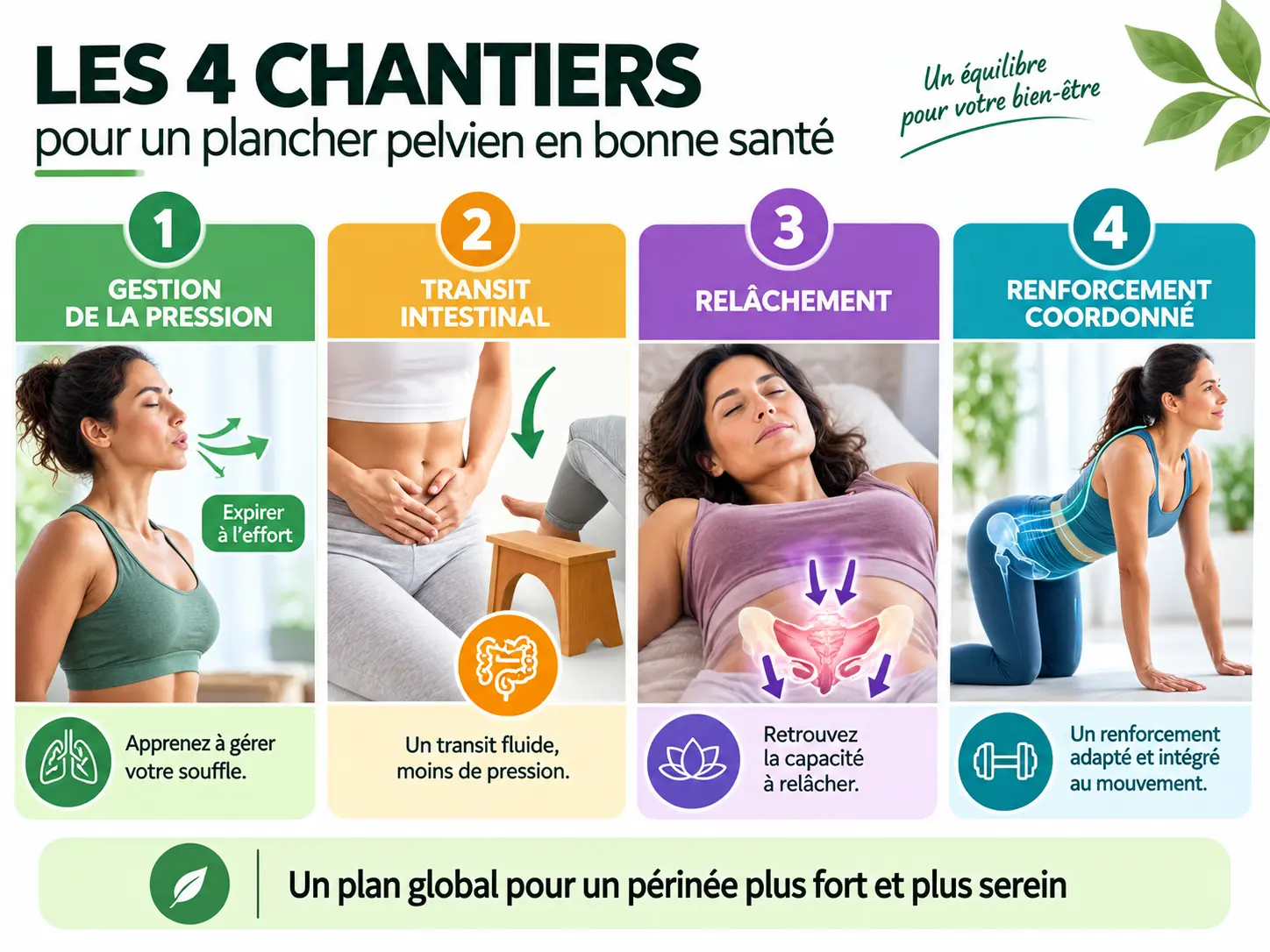Schéma Holix des quatre chantiers du plancher pelvien : gestion de la pression, transit, relâchement, puis renforcement coordonné.