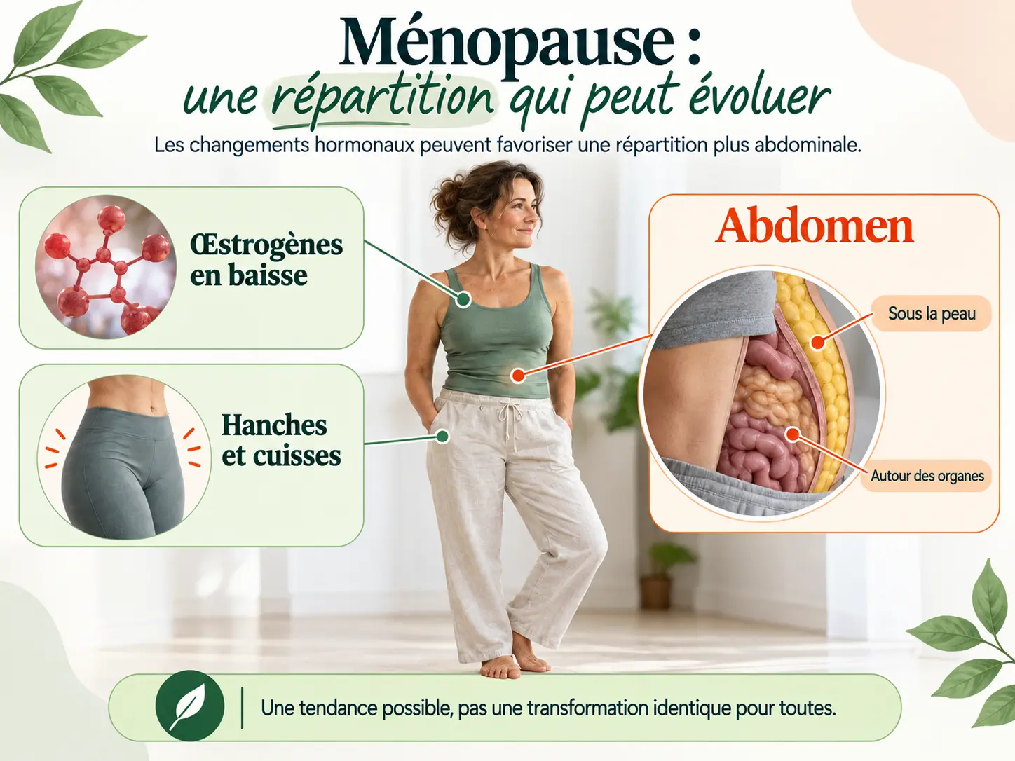 Schéma Holix de la redistribution des graisses à la ménopause : des hanches et des cuisses vers l'abdomen et autour des organes quand les œstrogènes baissent.