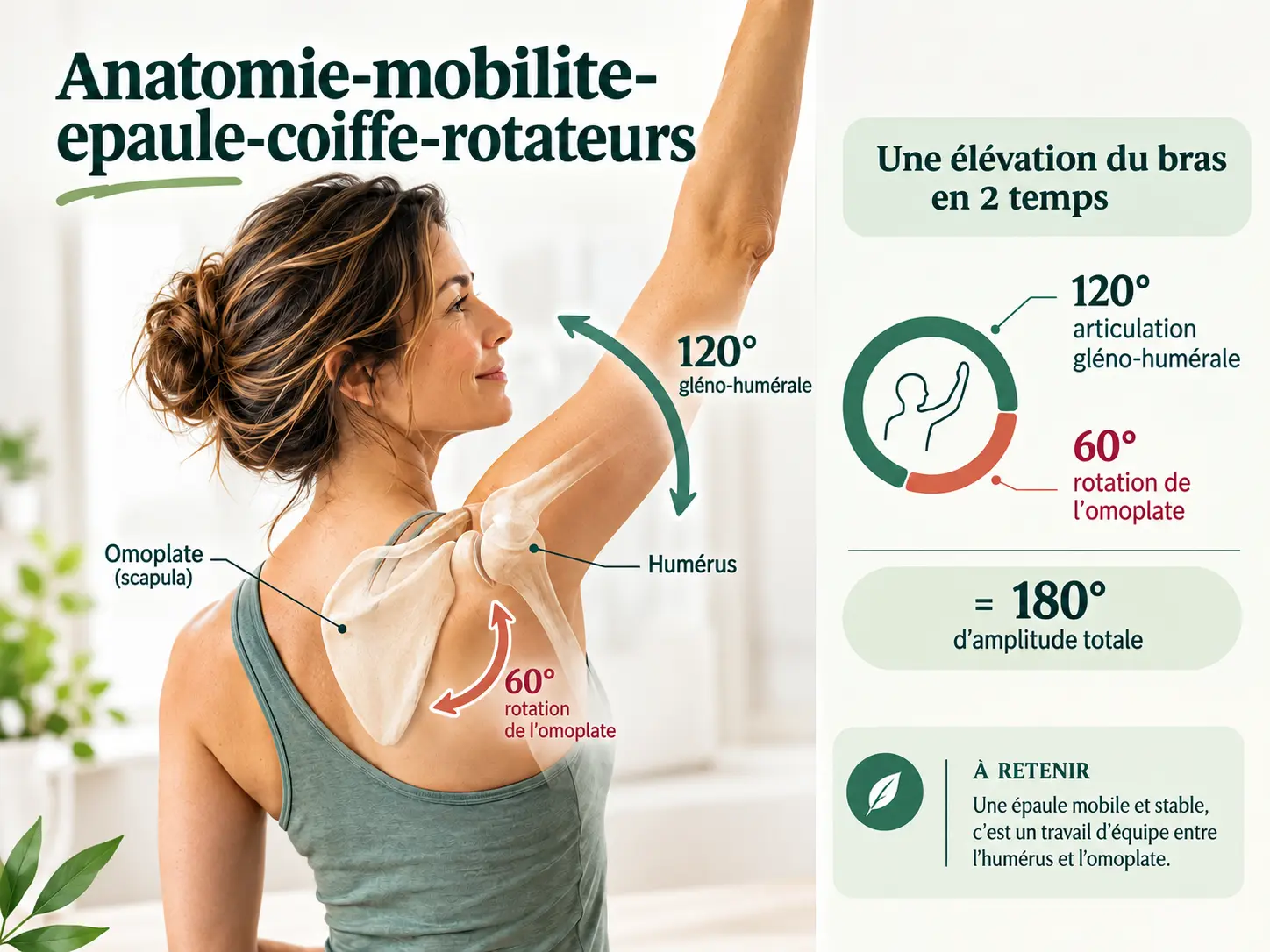 Schéma Holix du rythme scapulo-huméral avec un repère théorique de 120 degrés gléno-huméraux et 60 degrés de rotation de l'omoplate, variable selon le mouvement. Emplacement : après ce H2, avant la section sur la douleur à l’élévation.
