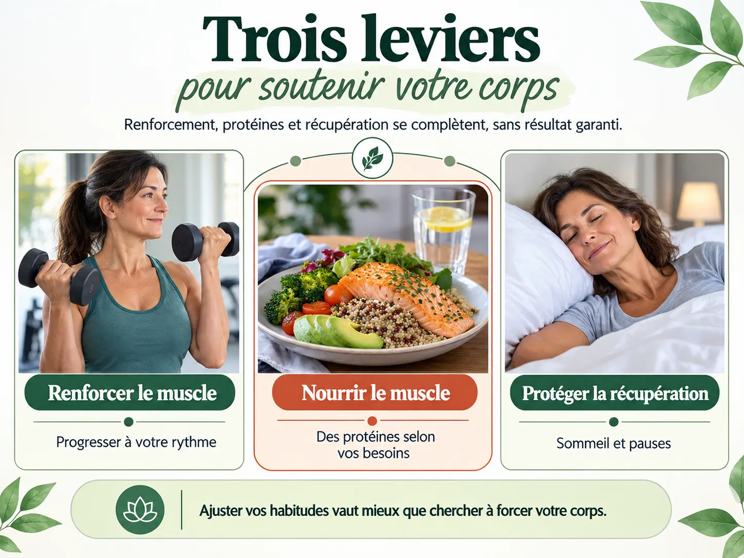 Schéma Holix des trois leviers contre le ventre à la ménopause : renforcement musculaire, apport en protéines, sommeil et gestion du stress.