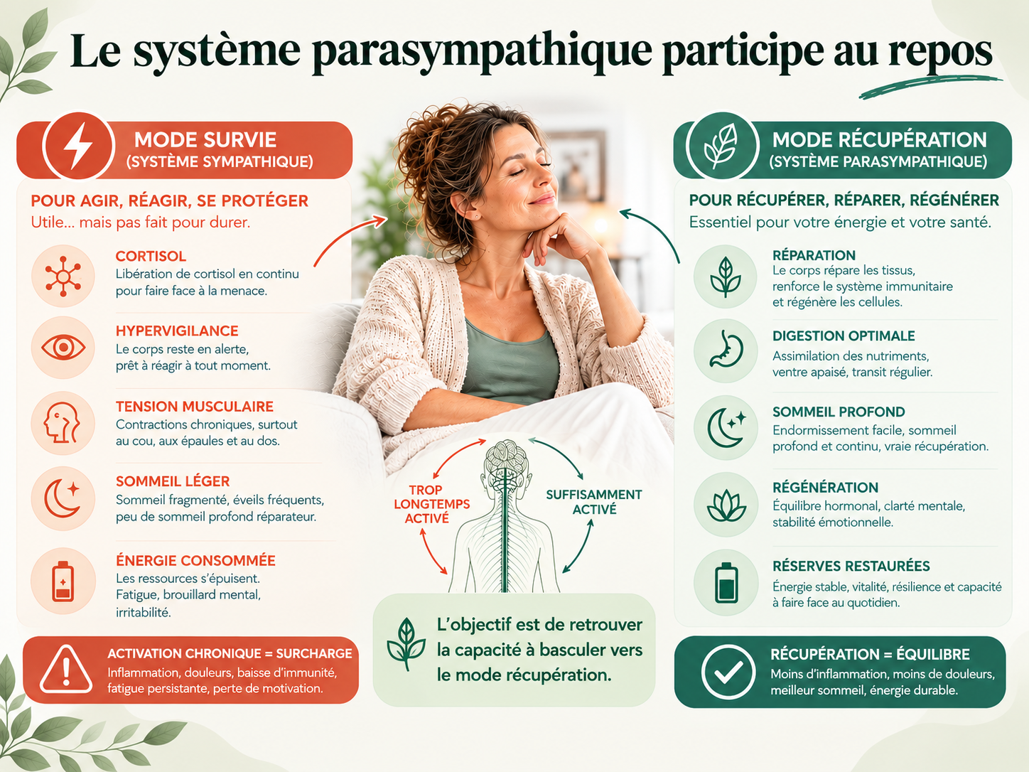 Schéma du système parasympathique et de ses effets en mode repos et régénération sur le cœur, la digestion et le sommeil.
